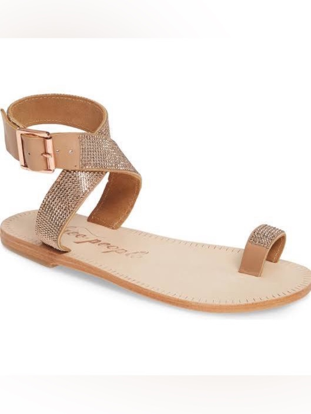Free People Tan Ankle-Strap Toe-Ring Sandals with Metallic Accents